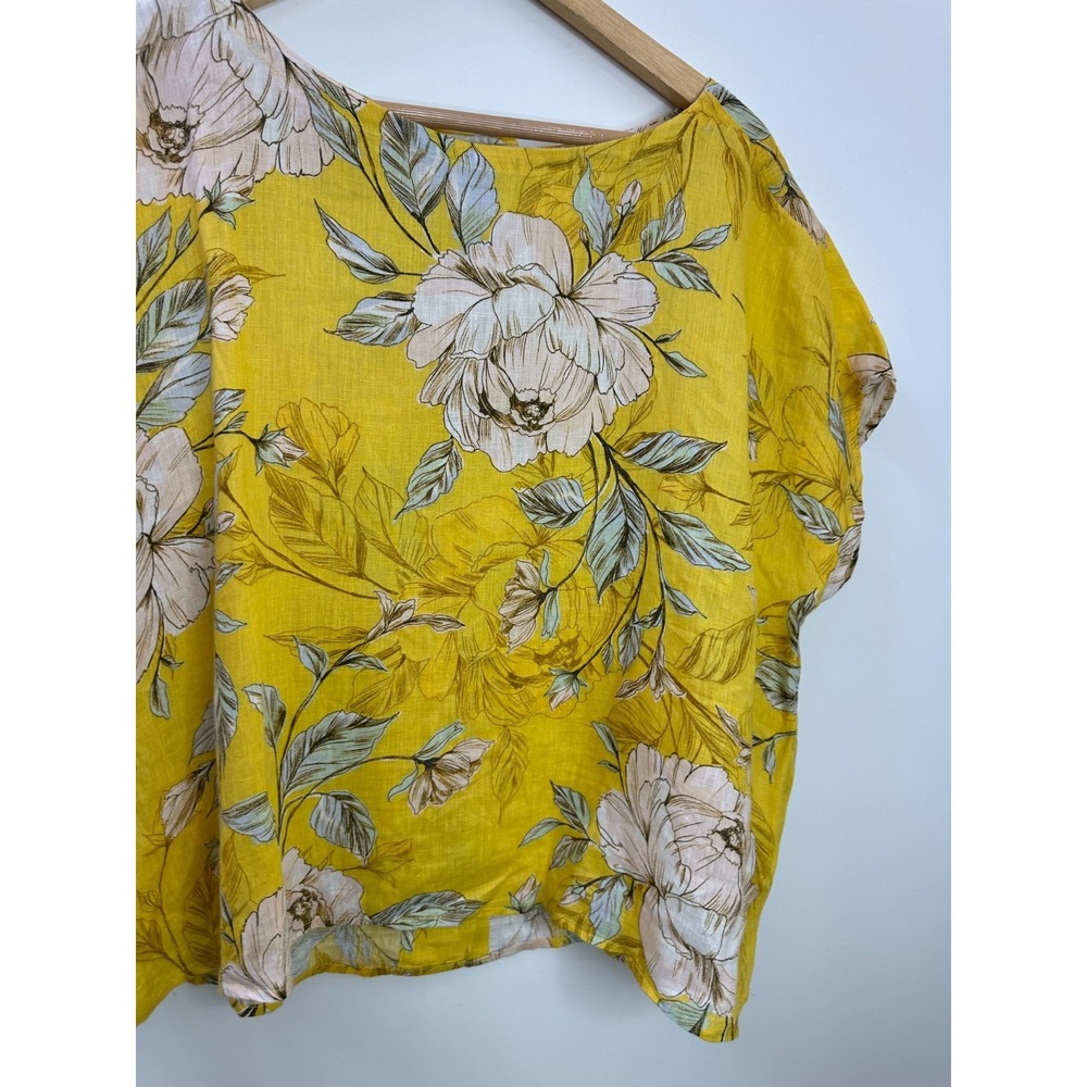 Nicole Miller 100% Linen Yellow Floral Button Back Boxy Top Large Lagonlook - Picture 4 of 12